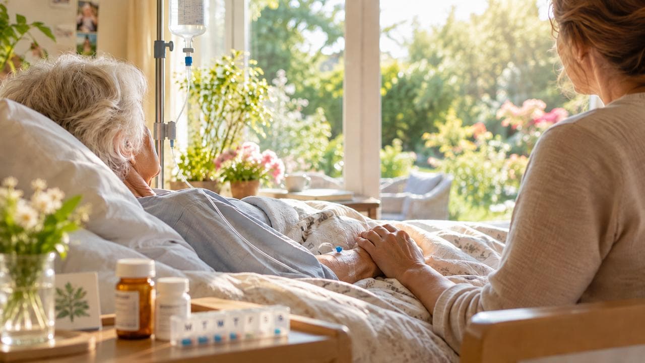 Eine Begleiterin hält die Hand einer älteren Frau im Pflegebett, mit Blick in einen sonnigen Garten